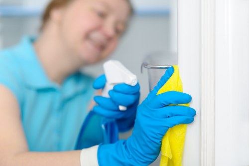 Domestic cleaner working in a Camden flat with careful attention to kitchen surfaces